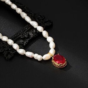 18K Gold Plated Natural Freshwater Pearl Necklace With Red Stone Pendant NWT